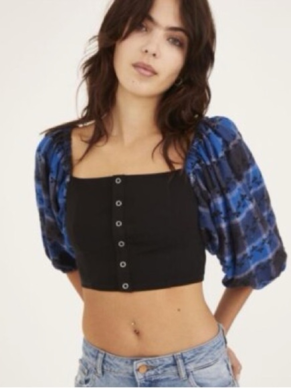 Urban Outfitters Belmont Plaid Puff Sleeve Crop Top Size L boho eyelet cottage